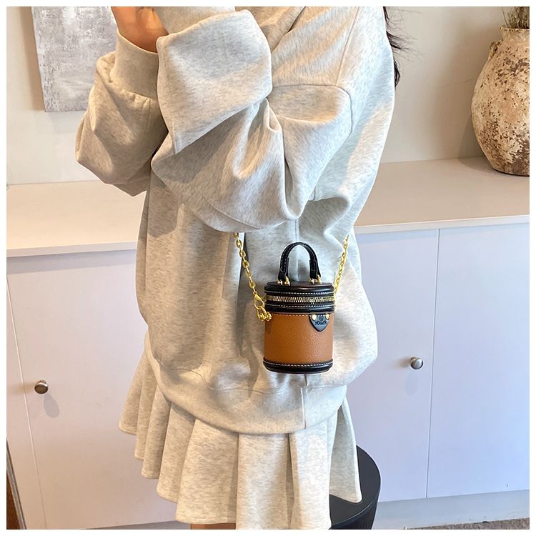 Borsa a secchiello da donna, mini borsa a secchiello rotonda con contrasto di colore, stile per famiglie, da portare a mano, piccola borsa a tracolla color rossetto, da donna_voghion.com