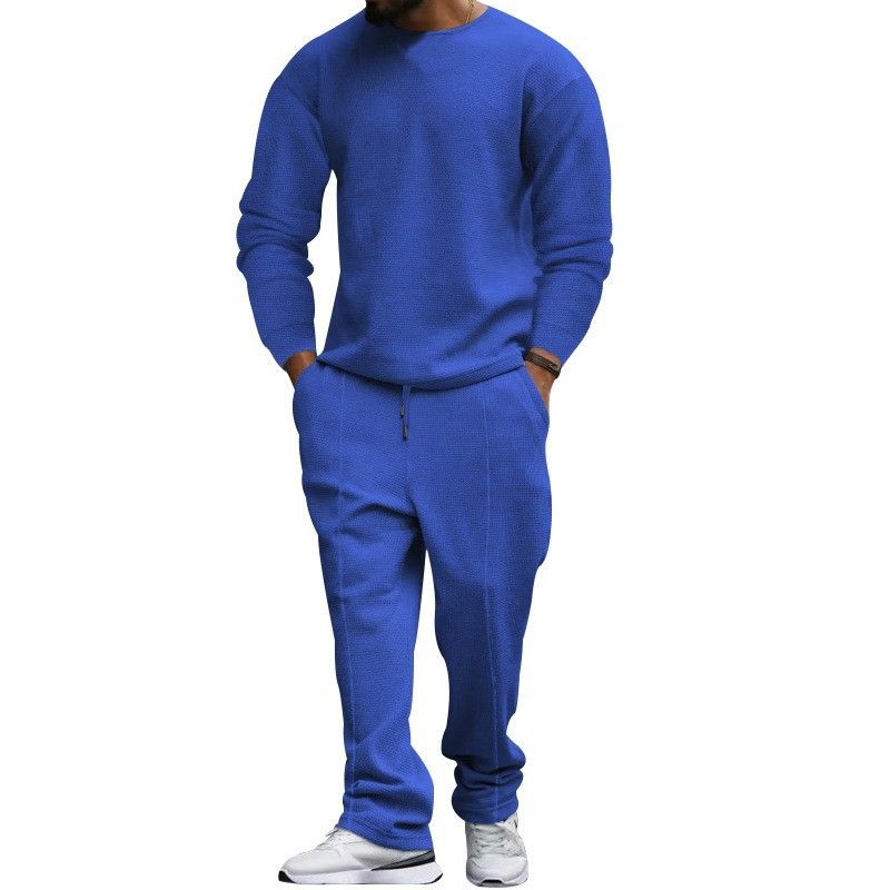 Conjunto de lounge em malha waffle para homens – camiseta e calça de manga comprida para homens (cáqui/preto/azul-marinho, P-XXXG)_voghion.com