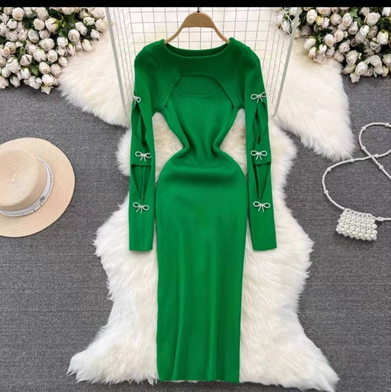 Abito da donna sexy a maniche lunghe con scollo rotondo, vita cava, snellente, di media lunghezza e lungo, lavorato a maglia, con fondo sui fianchi_voghion.com