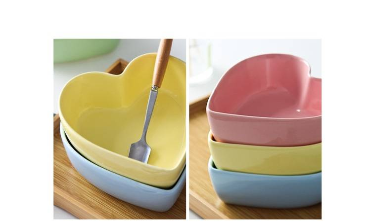 Bol în formă de inimă, bol ceramic în formă de inimă, bol pentru ouă fierte la abur, bol pentru salată de desert de culoarea bomboanelor_voghion.com