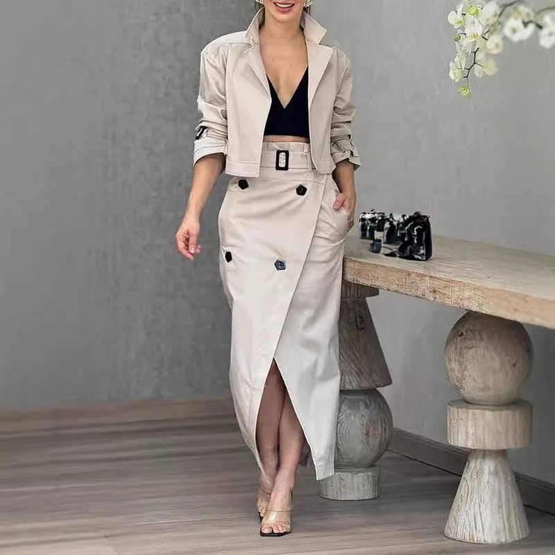 Women's Clothing Lapel Patchwork No Long Sleeve Top Skirt Two piece Set with Belt_voghion.com