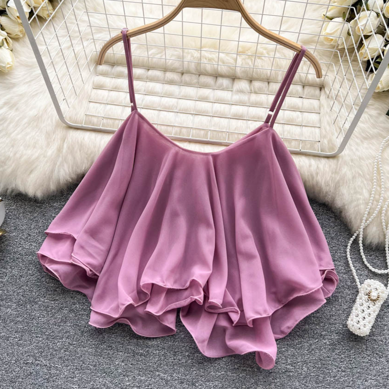 Women's Clothing Summer Blouse Versatile Loose Ruffled Off Shoulder Double Layer Sleeveless Chiffon Camisole For Women_voghion.com