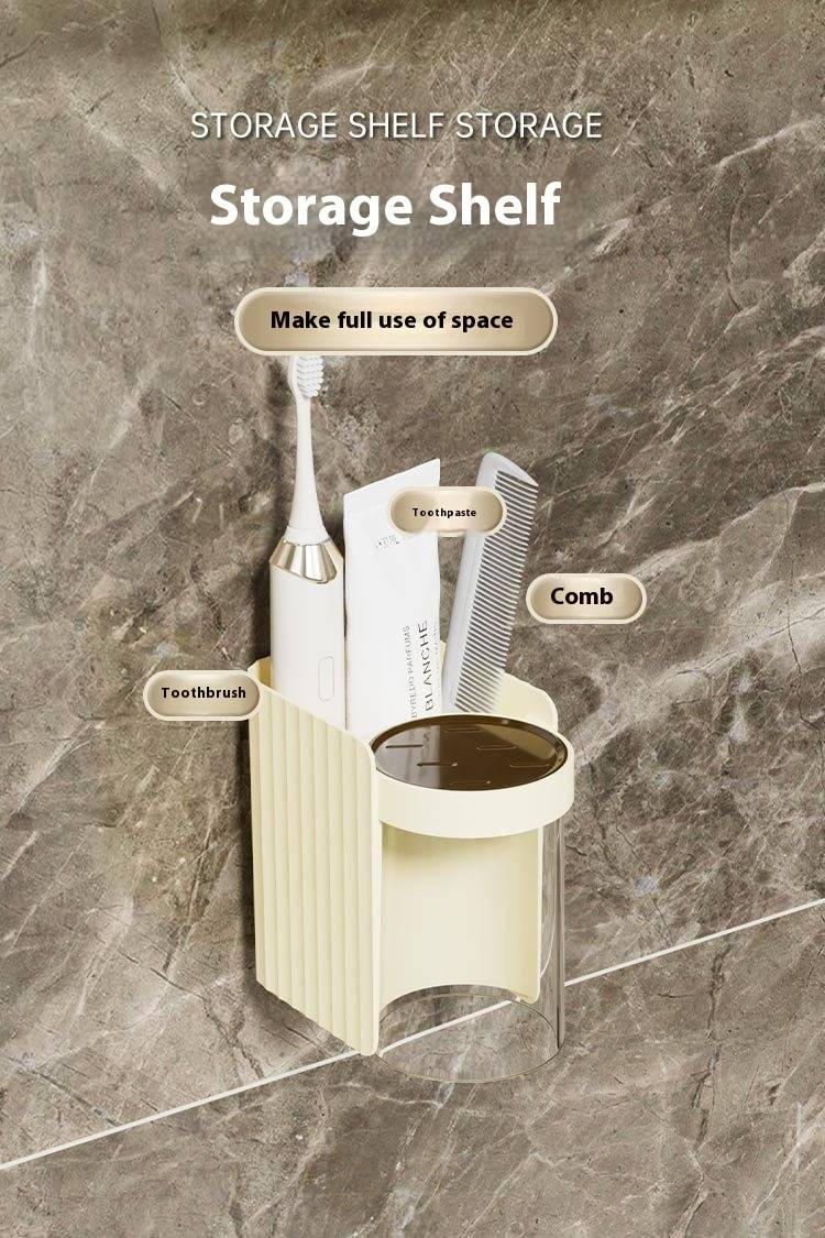 Wandgemonteerde tandenborstelhouder met beker – Badkamerorganizer zonder boren (ruimtebesparende 2-in-1 tandheelkundige set, wit & crème)_voghion.com