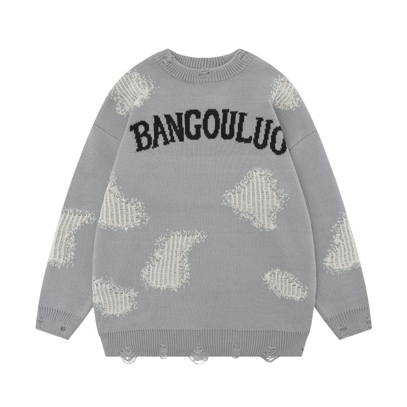 Maglione unisex oversize con ricamo di lettere, effetto consumato, in misto cotone traspirante, spalle scese, stile streetwear (colori e fantasie multiple)_voghion.com