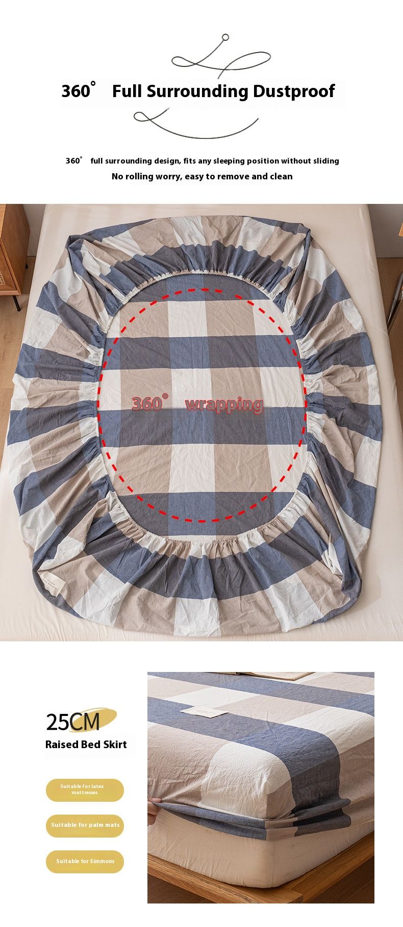 Lenzuolo con angoli in cotone lavato – Morbidezza spazzolata, motivi a righe/solidi/geometrici, 5 misure (da 90x200 cm a 200x220 cm)_voghion.com