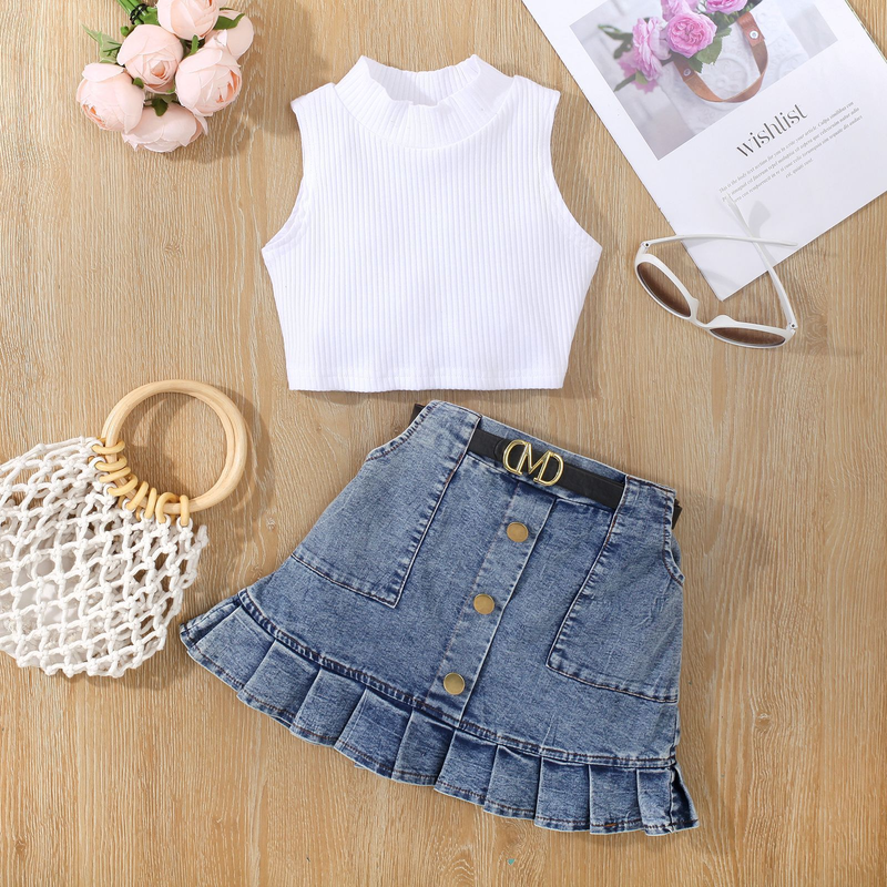 Mamm & Kanner Kannerkleeder Einfarwege Weste mat Petten Äermellosem Top Denim Kostüm mat oppene Taschen a Geplisserte Rüschenrock_voghion.com