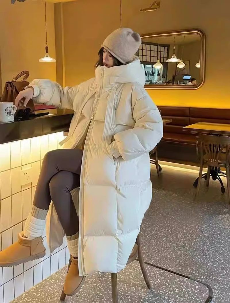 Langer, wattierter Damenmantel, warm, lockere Passform, Polyester-Baumwoll-Mischgewebe, mit Polokragen, Übergröße, erhältlich in Beige, Schwarz, Braun, Khaki_voghion.com