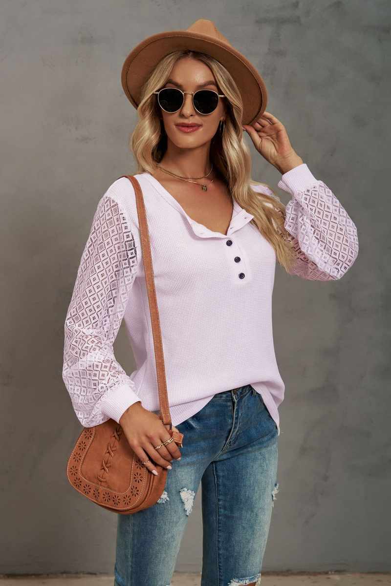 Women's Clothing Casual Waffle Grace Panel Long Sleeve Button T-shirt Top_voghion.com