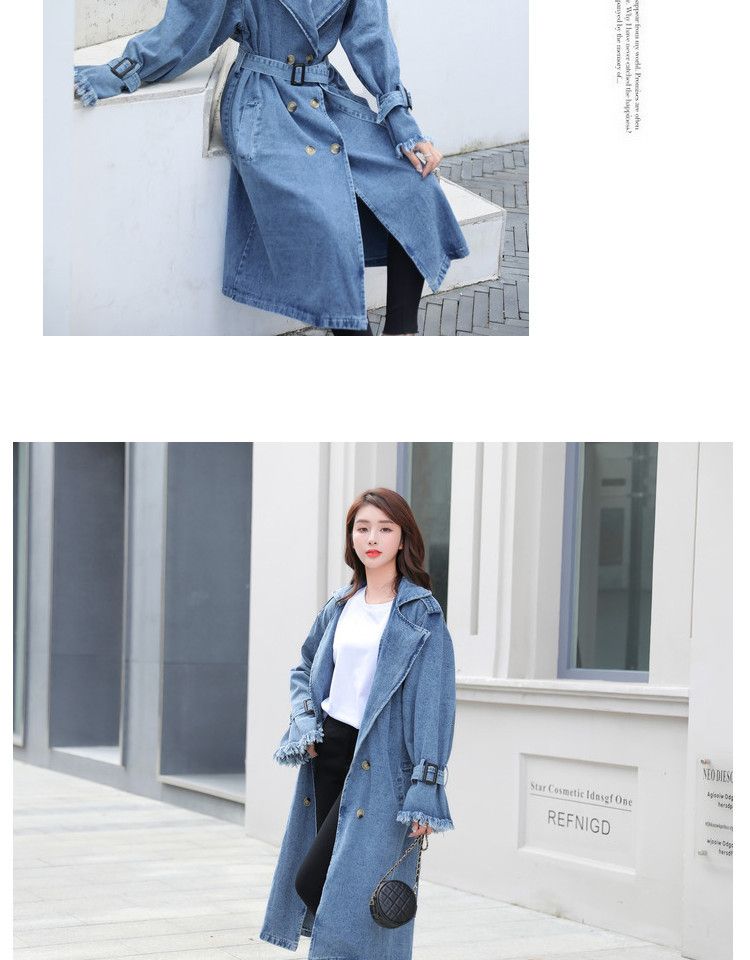 Damenbekleidung Zweireihige Jeans-Windjacke mit Gürtel für Damen_voghion.com