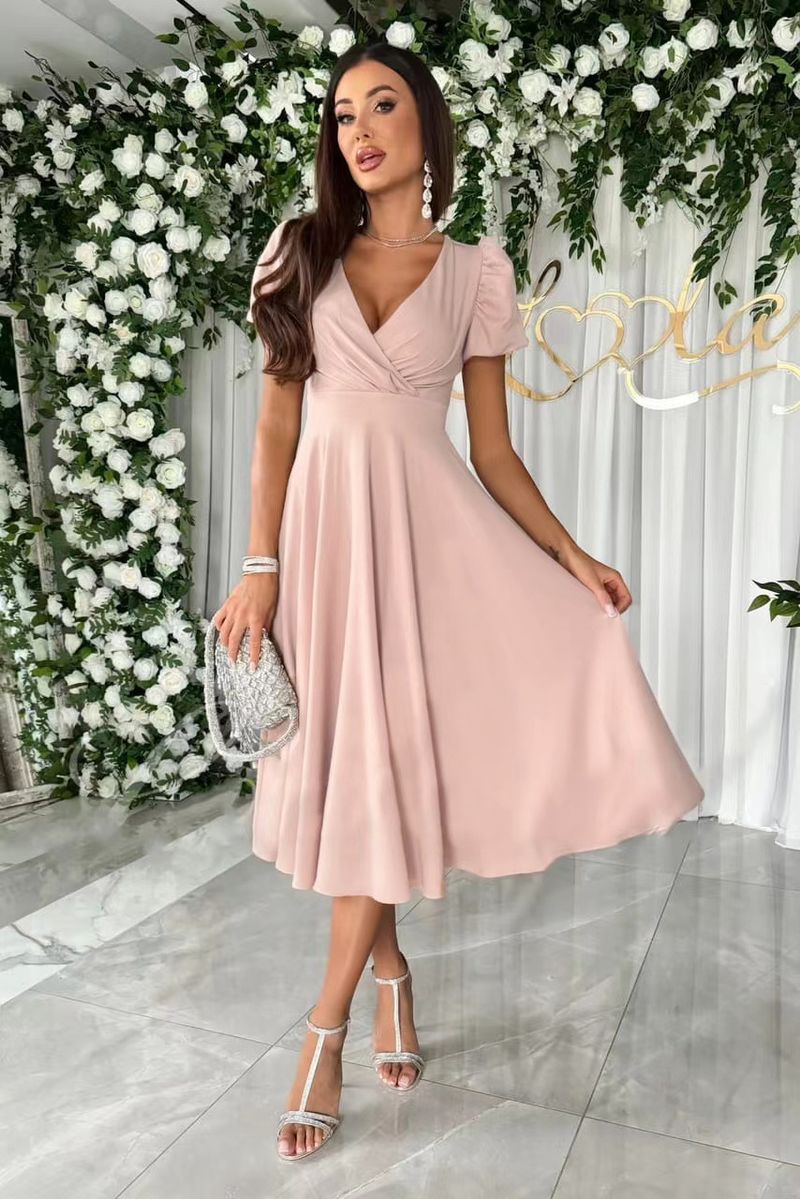Rochie de damă nouă pentru navetiști, culoare solidă, cu decolteu în V, talie înaltă, mâneci bufante, lungă și scurtă, model leagăn_voghion.com