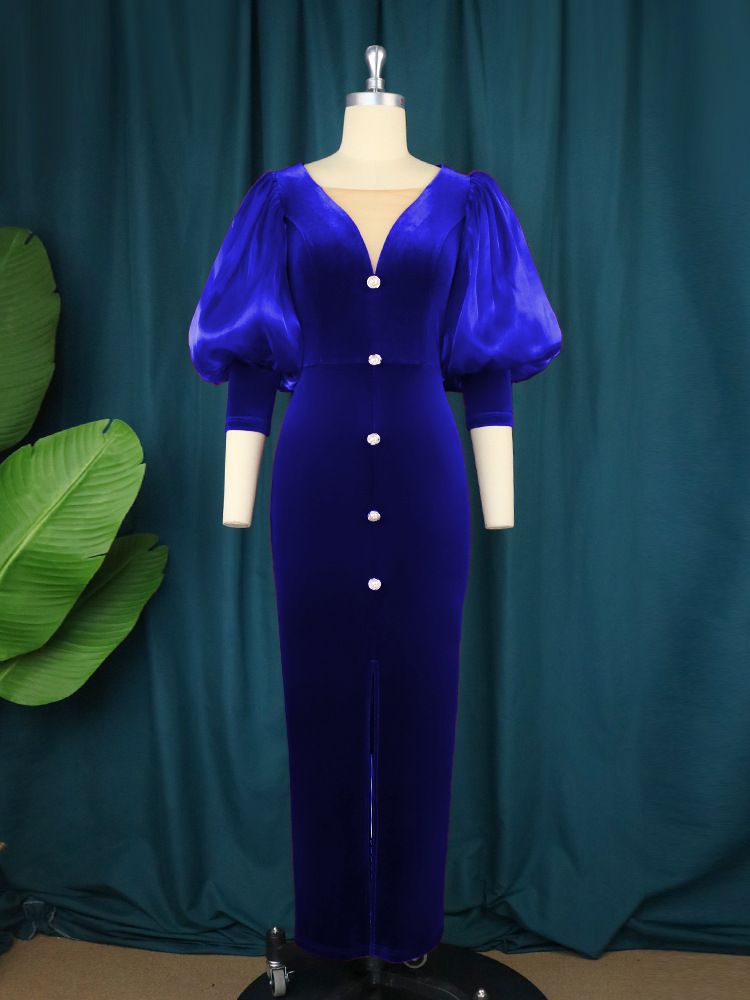 Női ruházat Plus size lámpás ujjú hasított ruha Új őszi világos, érett stílusú V-nyakú ruha vintage ruha_voghion.com