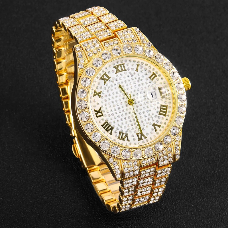 Iced Out Diamant Quarz Gold Silber Farbe Mikro gepflastert Hip Hop Persönlichkeit Edelstahl Uhr 2022_voghion.com