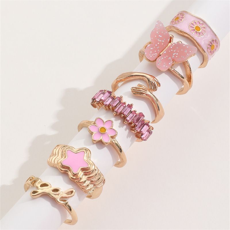 Vendite calde Boho Butterfly Kunckle Ring Set per le donne Rosa Smalto Fiore Geometrico Anelli per le dita Gioielli da festa di moda femminile_voghion.com