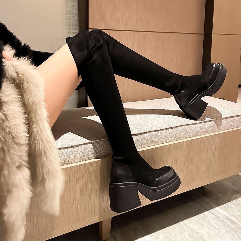 【Shipment】Over-the-Knee For Women Slimming Plus Size Thick Sole Long Heel High Tube Elastic Slim Boots_voghion.com