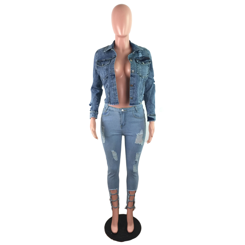 Damenmode-Persönlichkeit, zerrissene Fransen, kurze Vintage-Langarmjacke, Jeansjacke_voghion.com