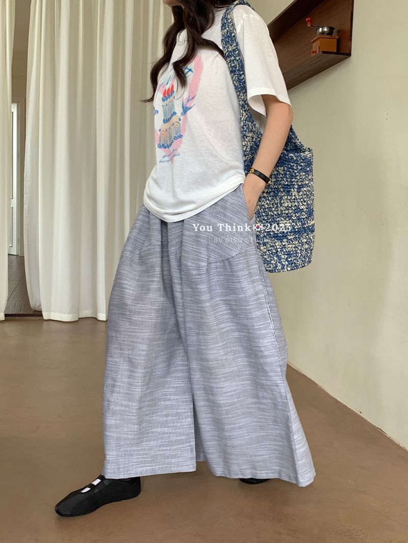 Retro Striped Wide Leg Pants - High Waisted Loose Fit Casual Trousers For Women, Comfortable Cotton Lounge Pants, Korean Style Boho Chic Office_voghion.com