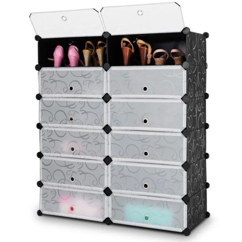 DIY Shoe Portable With Doors Rack 12-Cube Plastic Transparent_voghion.com