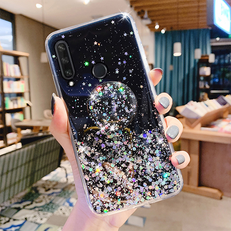 Bling Glitter Phone holder case For Huawei Honor 9A 9S 9C 9X 8A 8C 8S 8X 7A 7C 7X X10 Coque Silver Foil Silicone Stand Cover_voghion.com