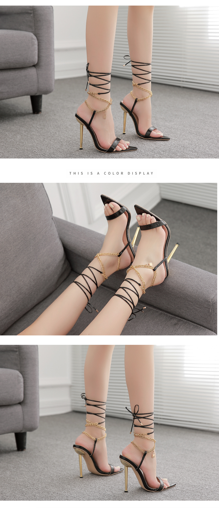 Women's new chain open toe pointed high heels women's stiletto sexy strappy Roman style sandals_voghion.com