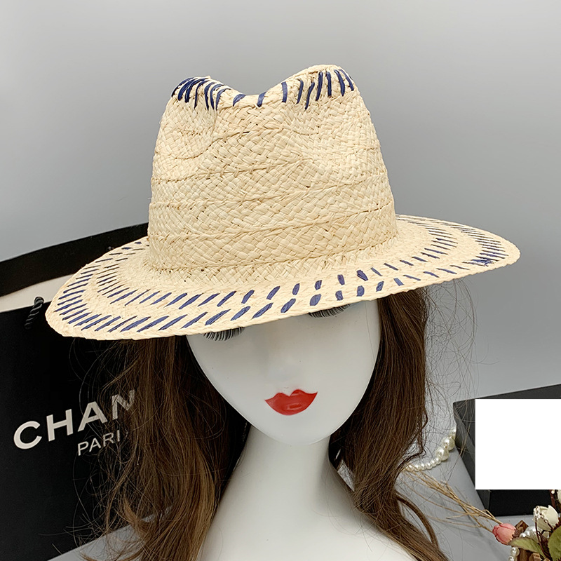 Spring and summer flat top embroidered sunshade large eaves handsome autumn and winter raffia top hat_voghion.com