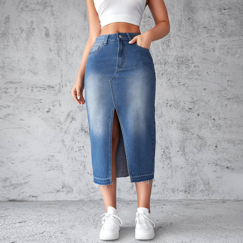 Denim Skirts Wrap Buttocks Dress Solid Washed High Waist Women Pencil Skirt Spliced Pockets Ankle Length Slim Solid Casual_voghion.com