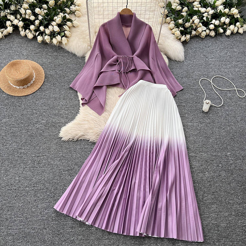 Ruffled Butterfly Sleeve Gradient Tie Cape Short Coat Top + Gradient Pleated Skirt Two-piece Suit_voghion.com