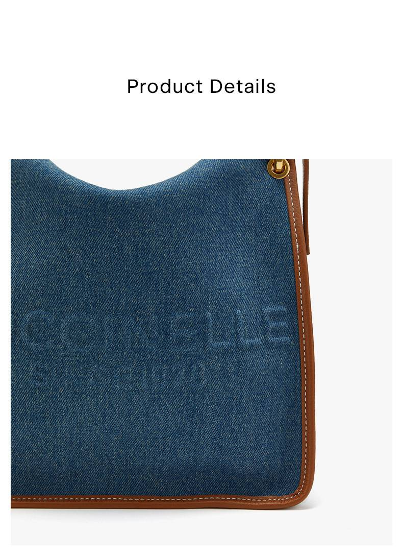 Bolsa de ombro tote jeans Vanessa Jeans da COCCINELLE, tecido azul com acabamento em couro marrom, estilosa e prática para o uso diário_voghion.com