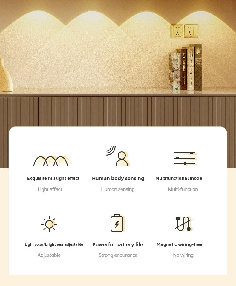 Luce LED Cat-Eye ultra sottile con sensore di movimento - Luce autoadesiva ricaricabile per armadi/cucina/cantina (bianco perla/nero pianoforte)_voghion.com