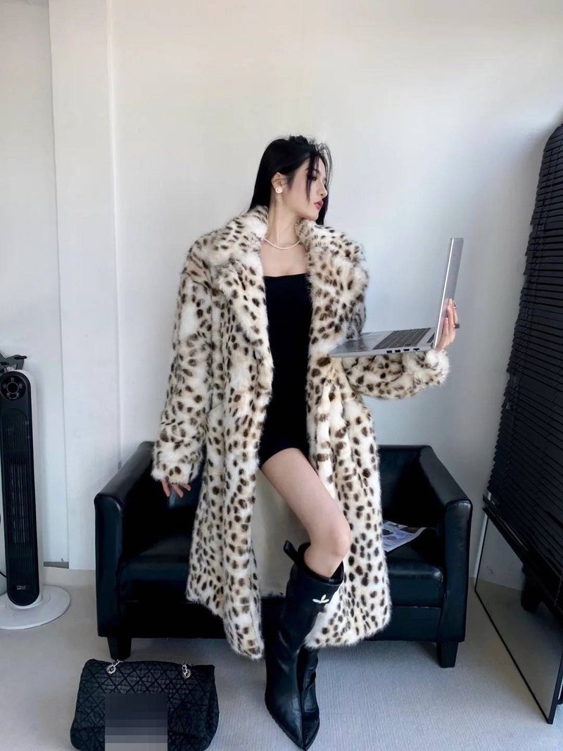 Women's Clothing Luxury Faux Fur Coat Women's Winter Long Leopard Print Jacket With Belt, Elegant Office Wear, Warm_voghion.com