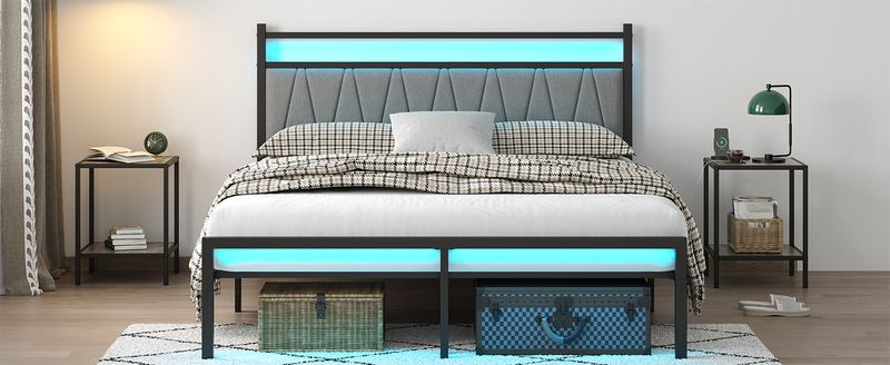 Bed Frame With Charging Station, Metal Platform Bed Frame With Fabric Upholstered Headboard, No Box Spring Needed, Large Under Bed Storage, Non-Slip_voghion.com