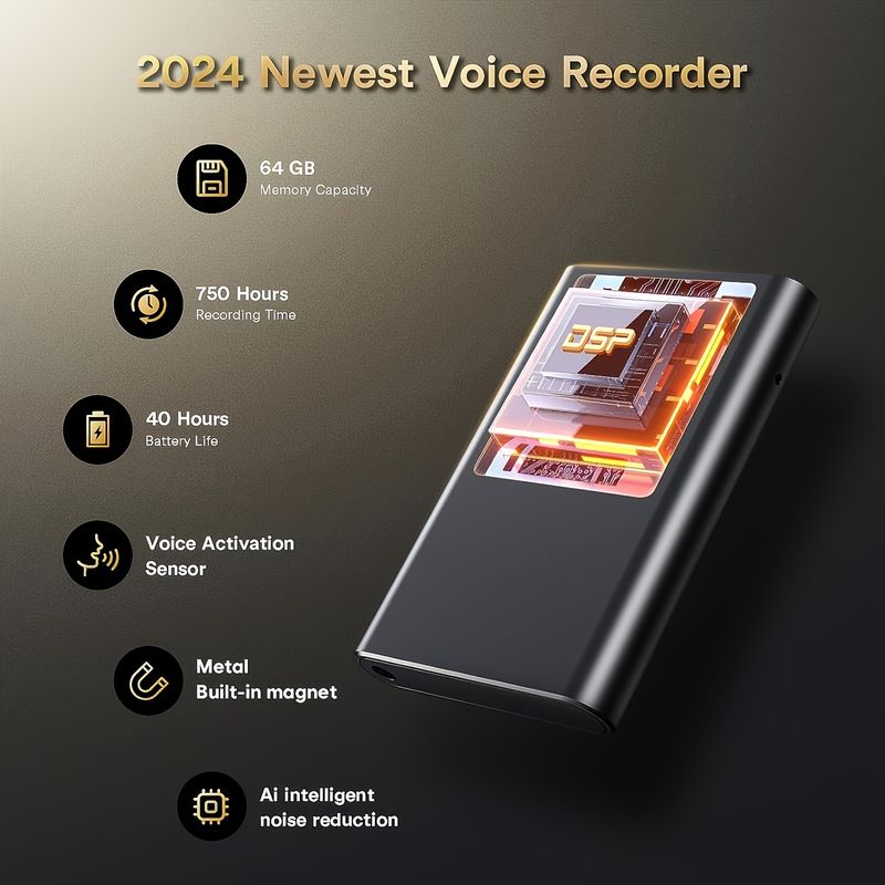 Digitale bandrecorder met LCD-scherm - oplaadbare lithium-polymeerbatterij, AI-ruisonderdrukking, ondersteunt micro-SD-kaart, WAV- en MP3-speler, geschikt_voghion.com