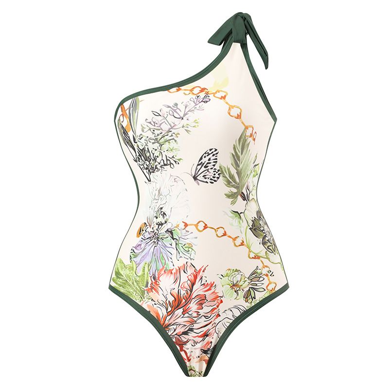 Langqi 2023 New Women's Light Elegant Print Panel Contrast Beach Sunscreen Skirt One Shoulder Two Piece Swimwear_voghion.com