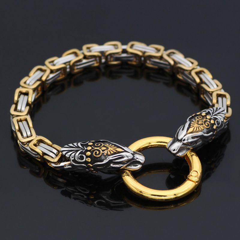 Braccialetto hip-hop punk in acciaio inossidabile con testa di lupo e leopardo vichingo, accessori in stile maschile_voghion.com