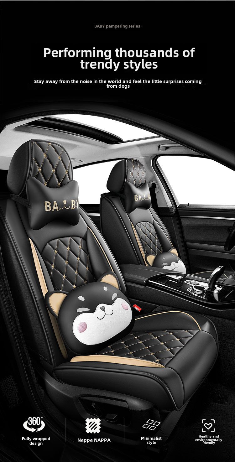 Nueva funda para asiento de coche con diseño de dibujos animados de cabeza de perro universal para las cuatro estaciones con cojín de cuero con diamantes y todo incluido de Crown_voghion.com
