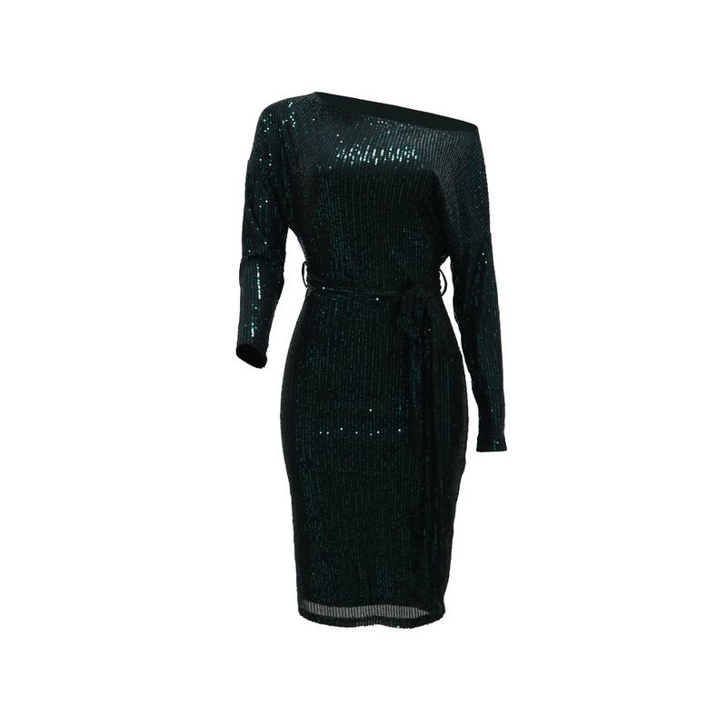 Schulterfreies Wickelkleid mit Pailletten – Glamour-Kleid mit langen Ärmeln (S–XXL, Stretch-Polyester, Smaragdgrün und Nude, für Feiertagspartys und Verabredungen am Abend)_voghion.com