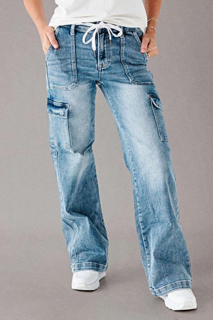 Vêtements pour femmes Jeans droits Décontractés à lacets Multi-poches Salopettes fonctionnelles_voghion.com
