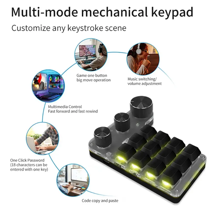 Mini tastiera Bluetooth con programmazione personalizzata, tastiera RGB a 3 manopole, 12 tasti, copia e incolla, tastiera da gioco Photoshop, meccanica, hotswap_voghion.com