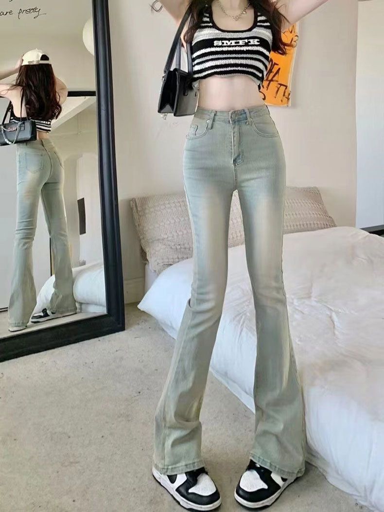 Micro La denim kadın ilkbahar sonbahar elastik kesim at nalı, sarkık hissi, ince kesim, yüksek bel ve taban_voghion.com