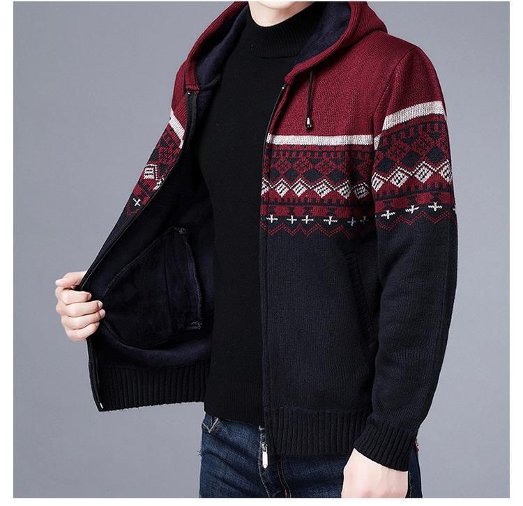 Winter new coat hooded fleece sweater color blocked casual zipper knitted men's cardigan_voghion.com