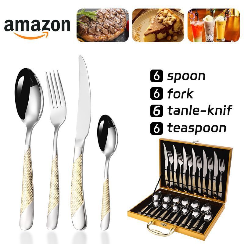 Set di stoviglie in acciaio inossidabile da 24 pezzi, coltello da bistecca in stile occidentale con diamante a stella, forchetta, cucchiaio, 4 set di confezioni regalo principali_voghion.com