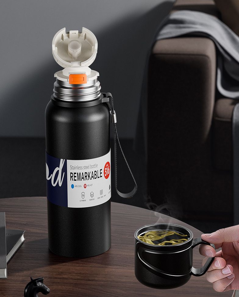 Isolierte Flasche mit großem Fassungsvermögen und Doppeldeckel für Männer und Frauen, Edelstahl und Wassertrennung, tragbar, für die Automontage_voghion.com
