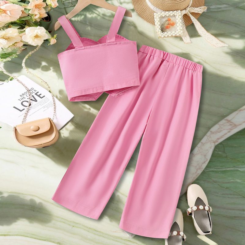 Traje de trabajo para madres e hijos, para niñas, color liso, con tirantes y botonadura sencilla, de mezclilla, talla pequeña y mediana, de dos piezas._voghion.com