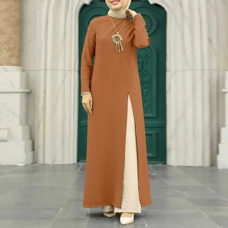 Muslim Women's Suit Ice Silk Wrinkled Long Sleeves High Slit Hem Fashionable Solid Color Elegant Temperament Robe_voghion.com