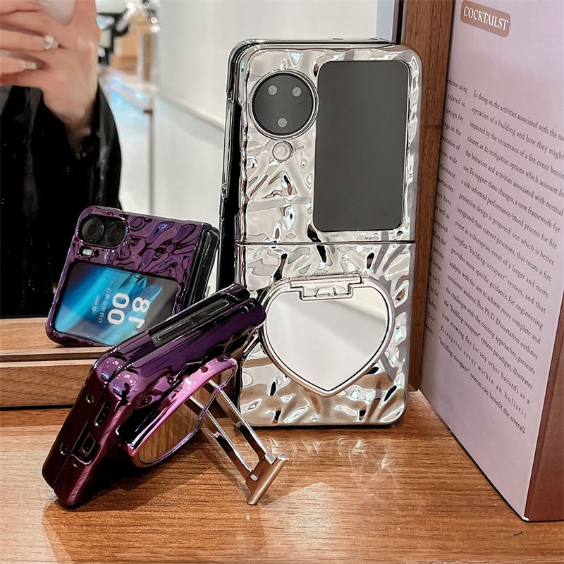 For Oppo Find N2 N3 Flip Luxury Wrinkle Electro Makeup Mirror Anti Drop Stand Holder Phone Case Cover_voghion.com