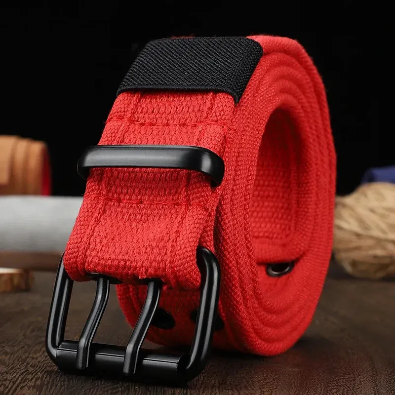 Mens And Womens Double Button Canvas Waistband Work Style Full Hole Needle Buckle Belt Sturdy Durable Jeans For Student_voghion.com
