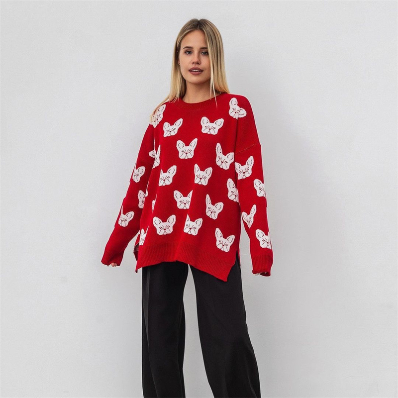 Suéter de cuello redondo con jacquard y cabeza de perro para mujer, nuevo estilo de otoño e invierno, estilo perezoso, suéter holgado, chaqueta_voghion.com