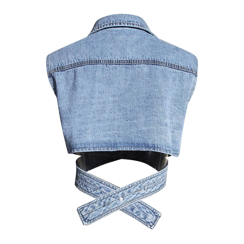 Das neue zweiteilige kurze unregelmäßige Jeanswestenhemd mit Puffärmeln lockerer Modeanzug für Frauen_voghion.com