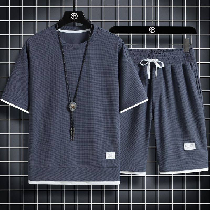 Męska odzież Waffle Sports Leisure Suit Męskie luźne dwuczęściowe spodenki z krótkim rękawem_voghion.com