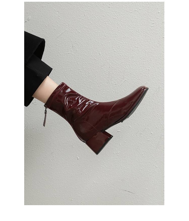 Cameido Women's square-toed patent leather ankle boots with fleece lining, chunky or medium heels, fashionable boots._voghion.com