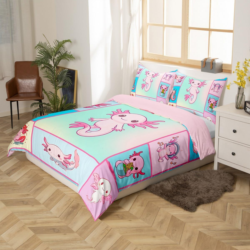 Set copripiumino Axolotl carino per lettino per bambini, bambine e adolescenti, set di biancheria da letto con animali Axolotl rosa, copripiumino con salamandra e motivo kawaii._voghion.com